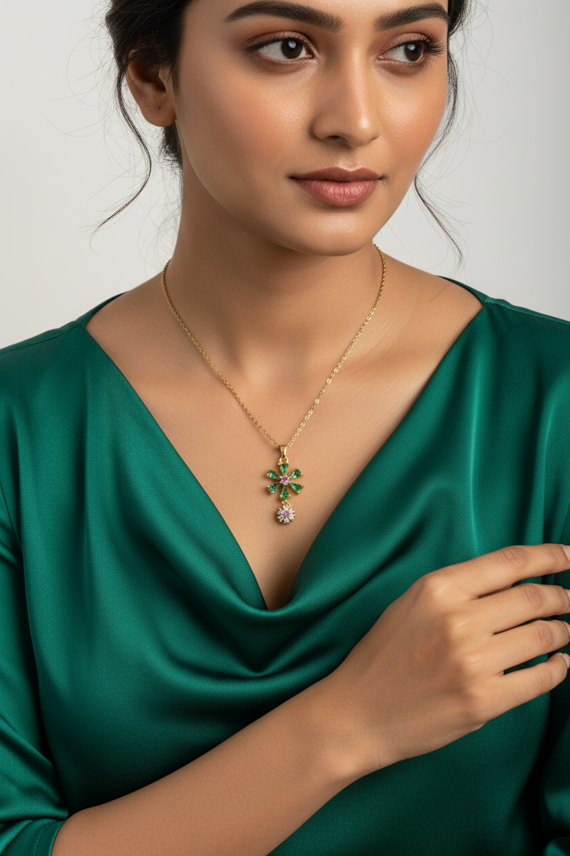 Emerald Green & Pink Floral Pendant