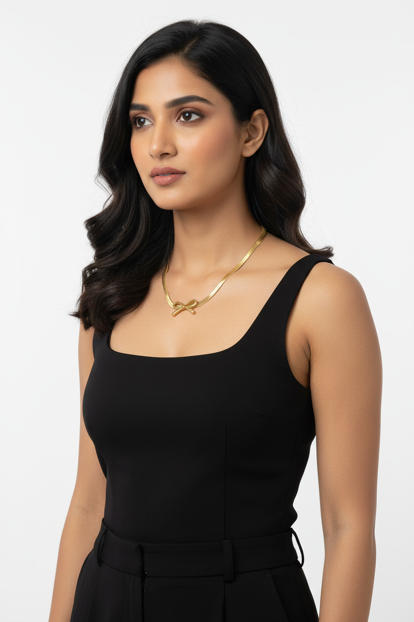 Gold Herringbone Bow Necklace