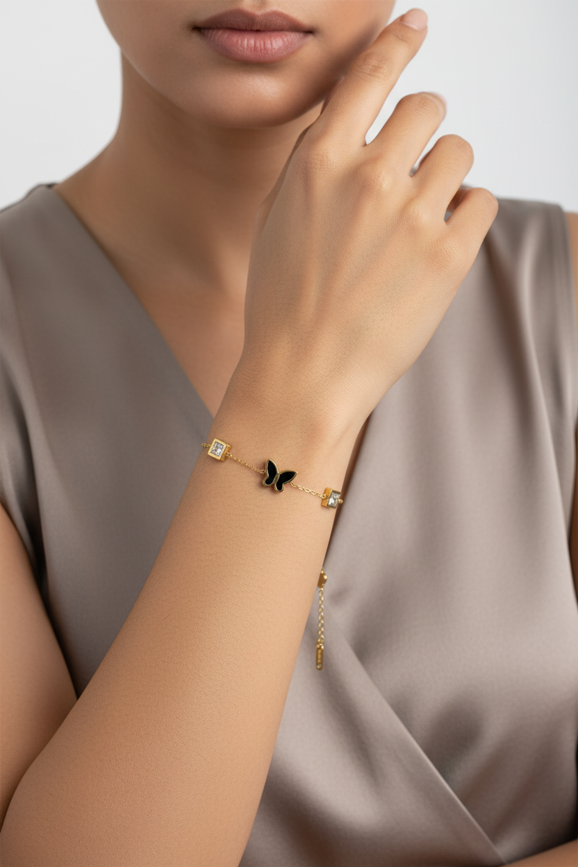 Black Butterfly & Clover Multi-Charm Bracelet