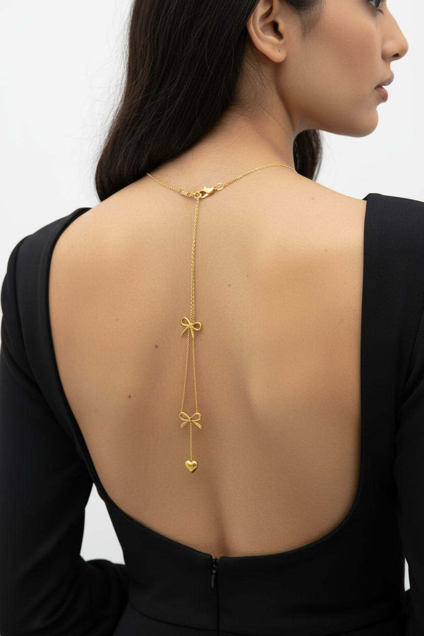 Gold Dual Bow & Heart Drop Necklace