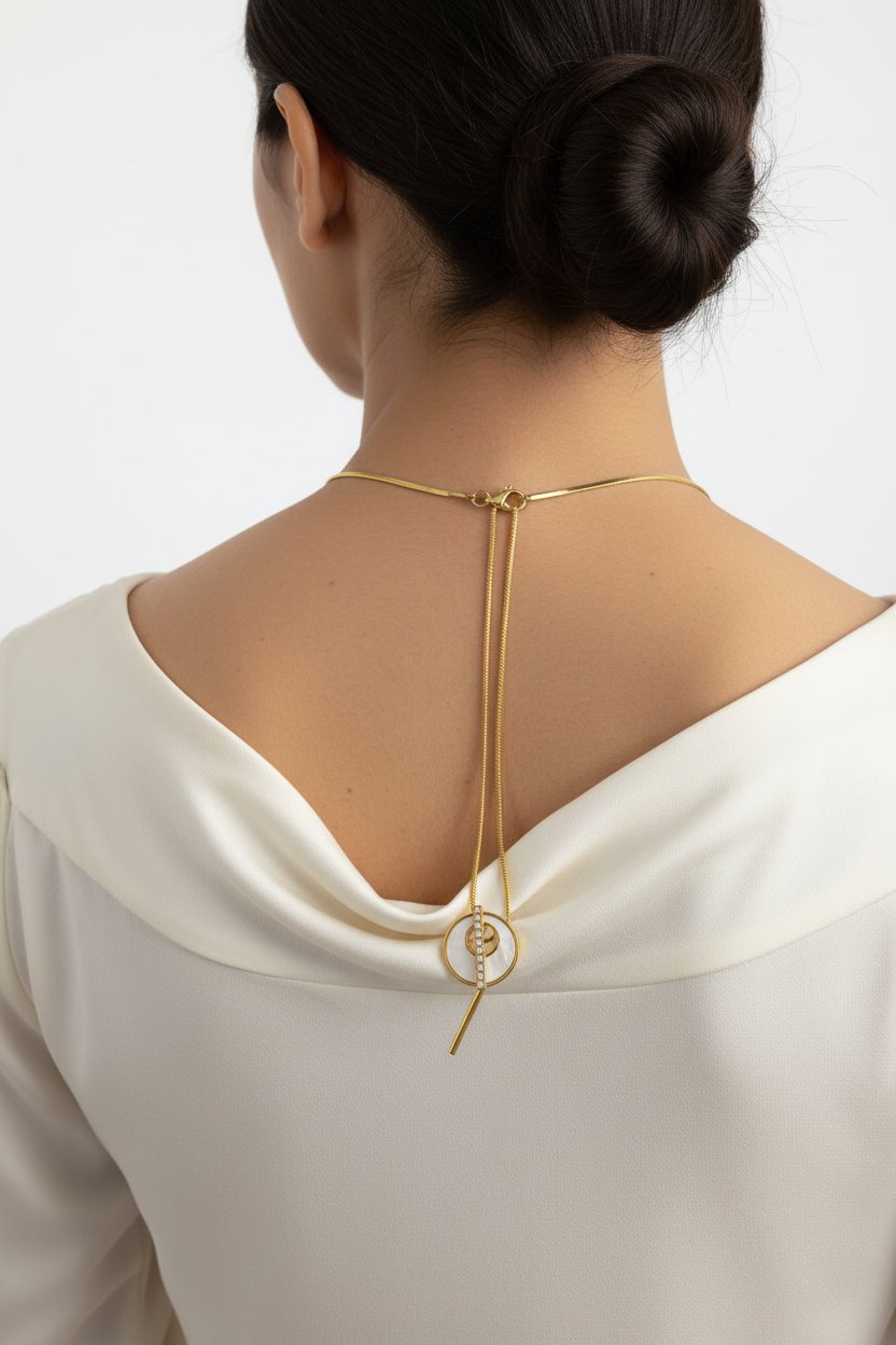 Gold Circular Orbit Necklace with Crystal Bar Pendant