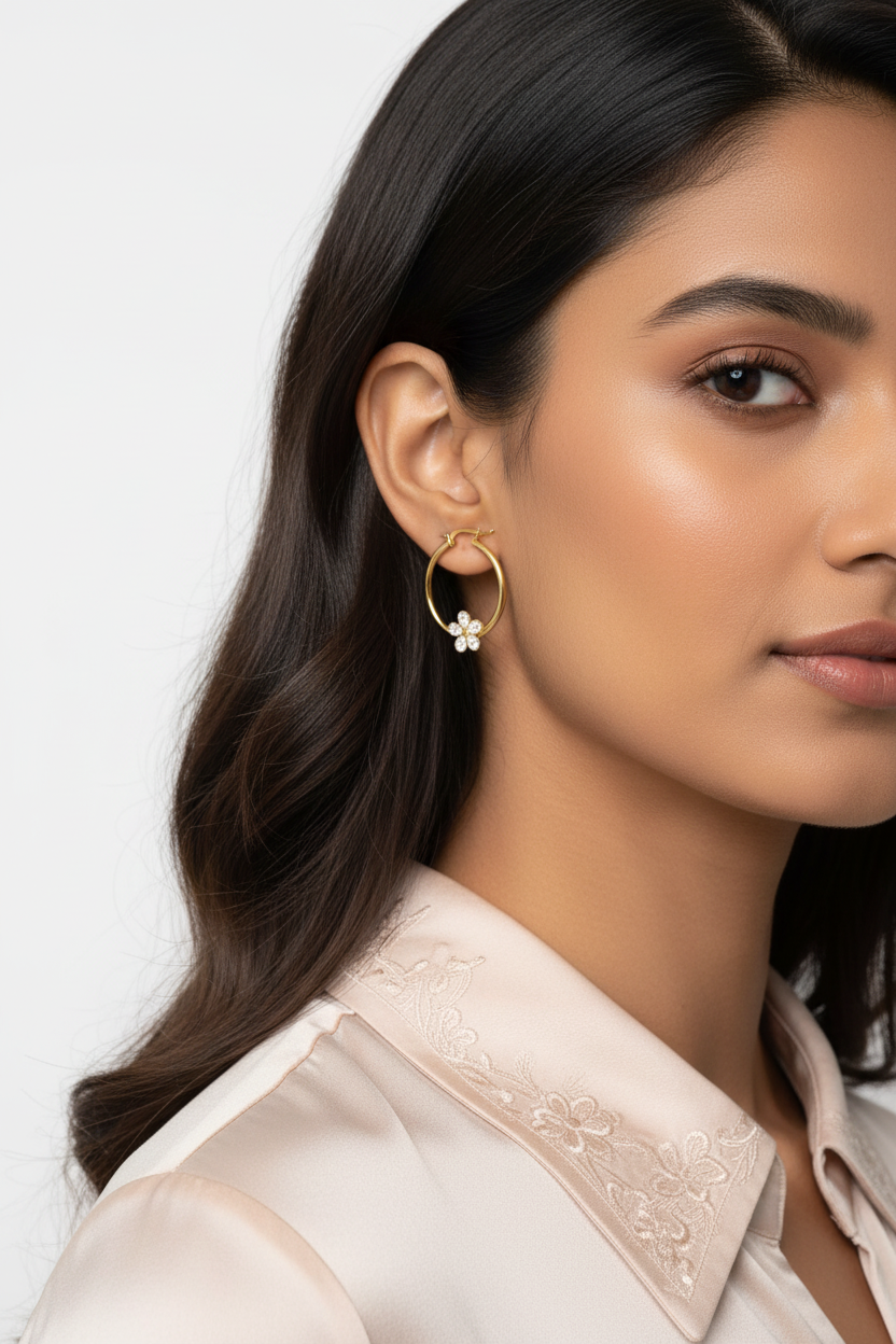 Gold Floral Hoop Earrings with Crystal Accents