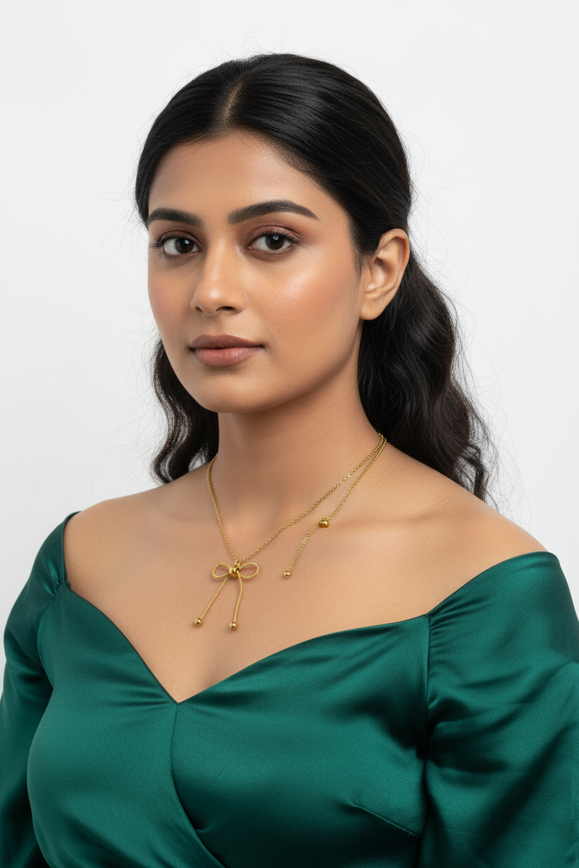 Gold Lariat Bow & Ball Drop Necklace