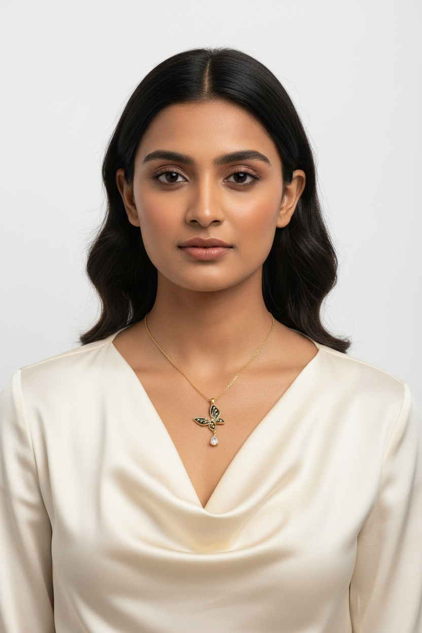 Gold Butterfly Pendant Necklace with Pearl & Crystal Accents