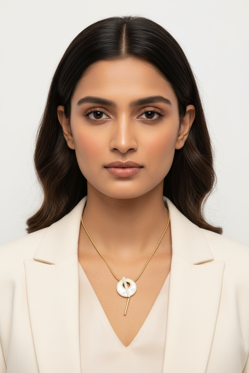 Gold Circular Orbit Necklace with Crystal Bar Pendant