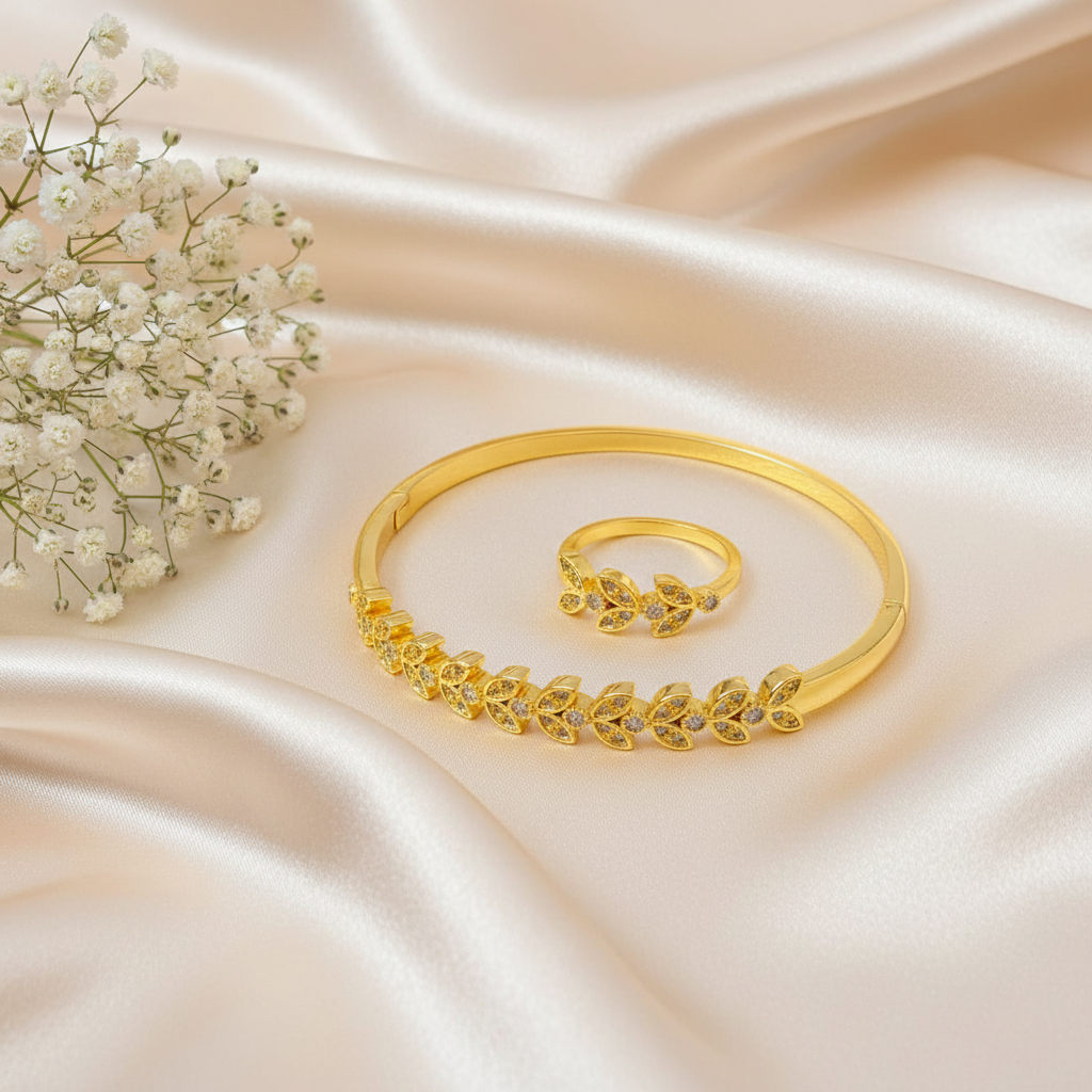 Leaf Motif Bangle Ring Set: