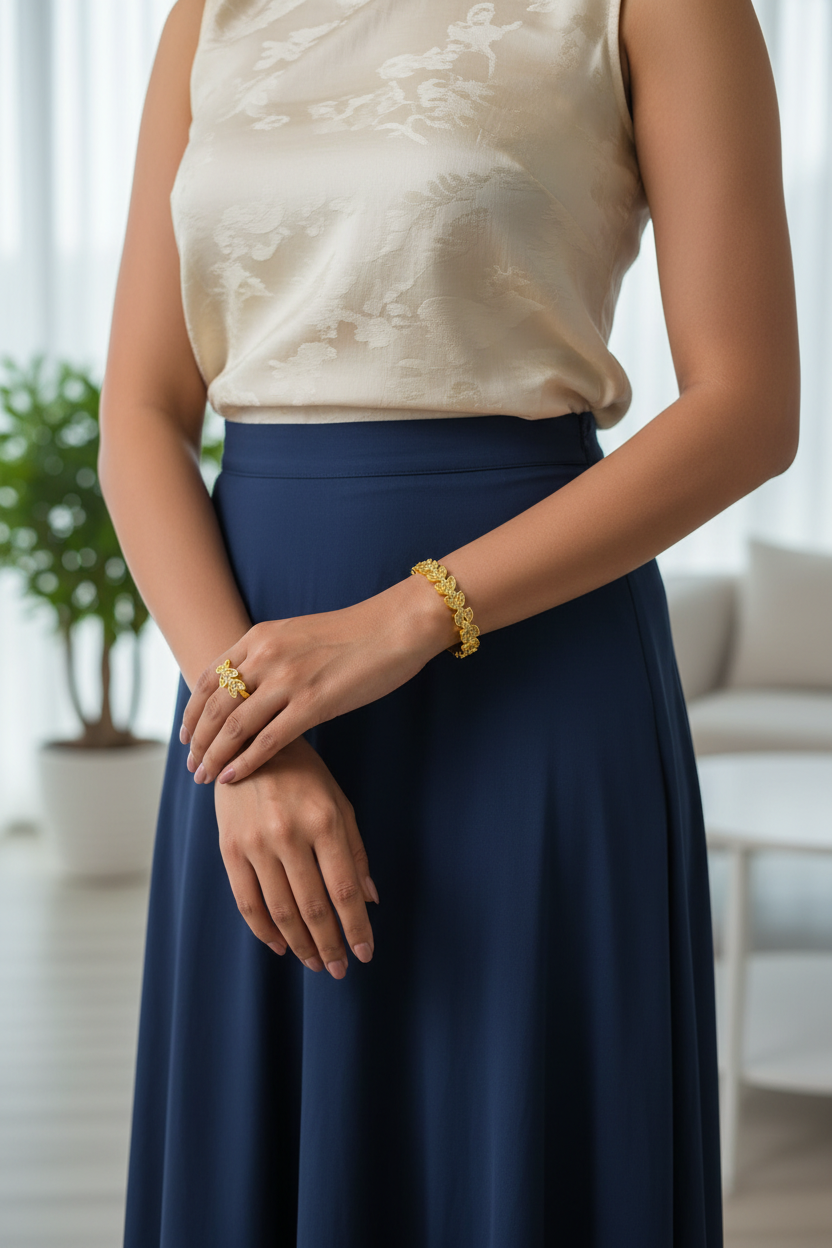 Leaf Motif Bangle Ring Set: