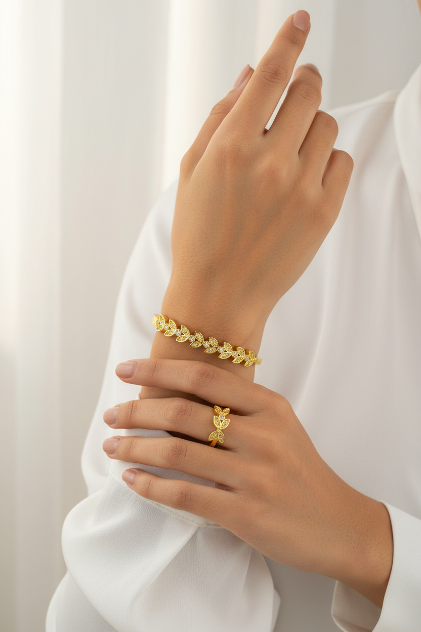 Leaf Motif Bangle Ring Set: