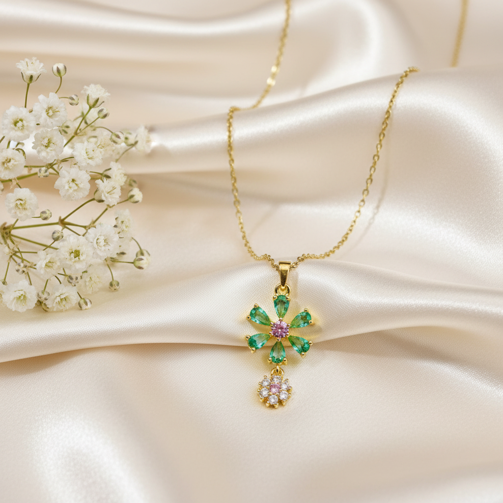 Emerald Green  & Pink Floral Pendant