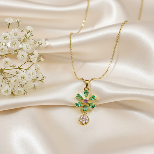 Emerald Green  & Pink Floral Pendant