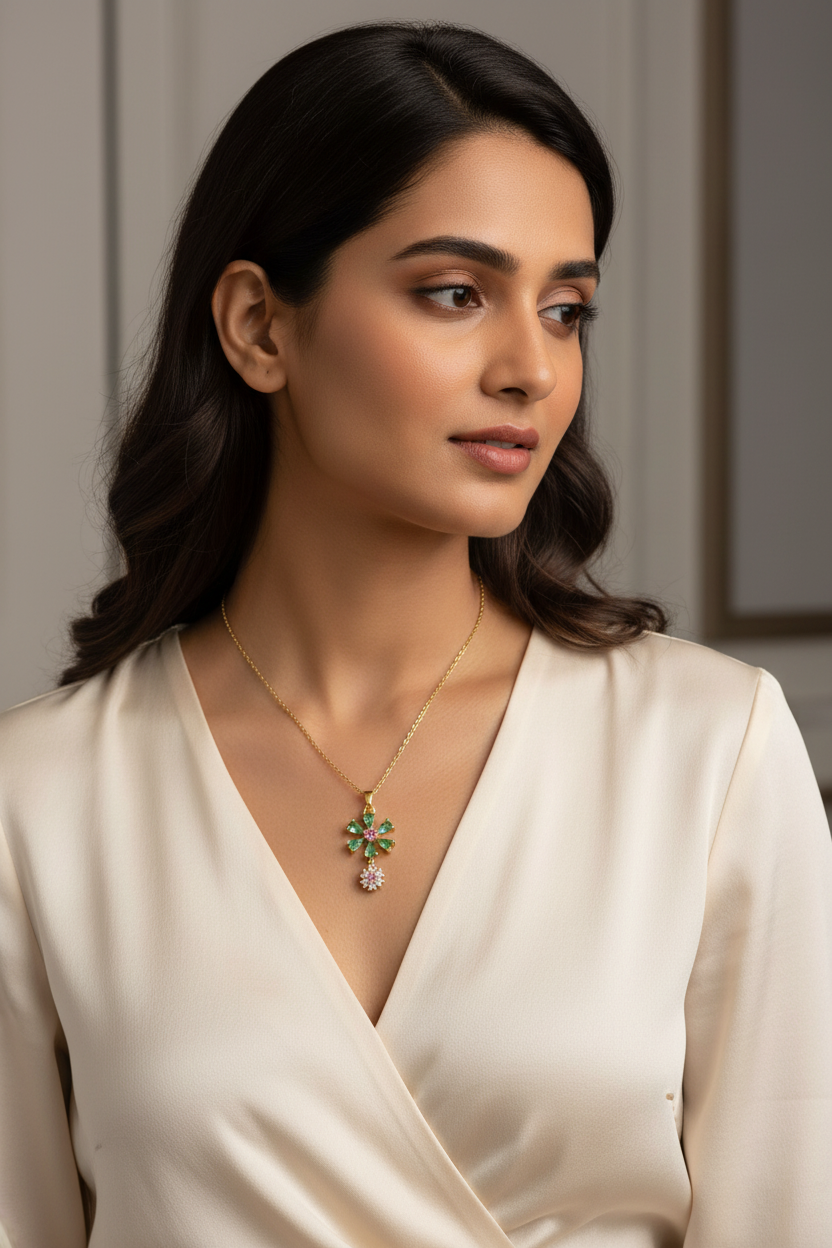 Emerald Green  & Pink Floral Pendant