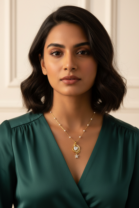 Luxe Crescent Moon &amp; Heart Pendant