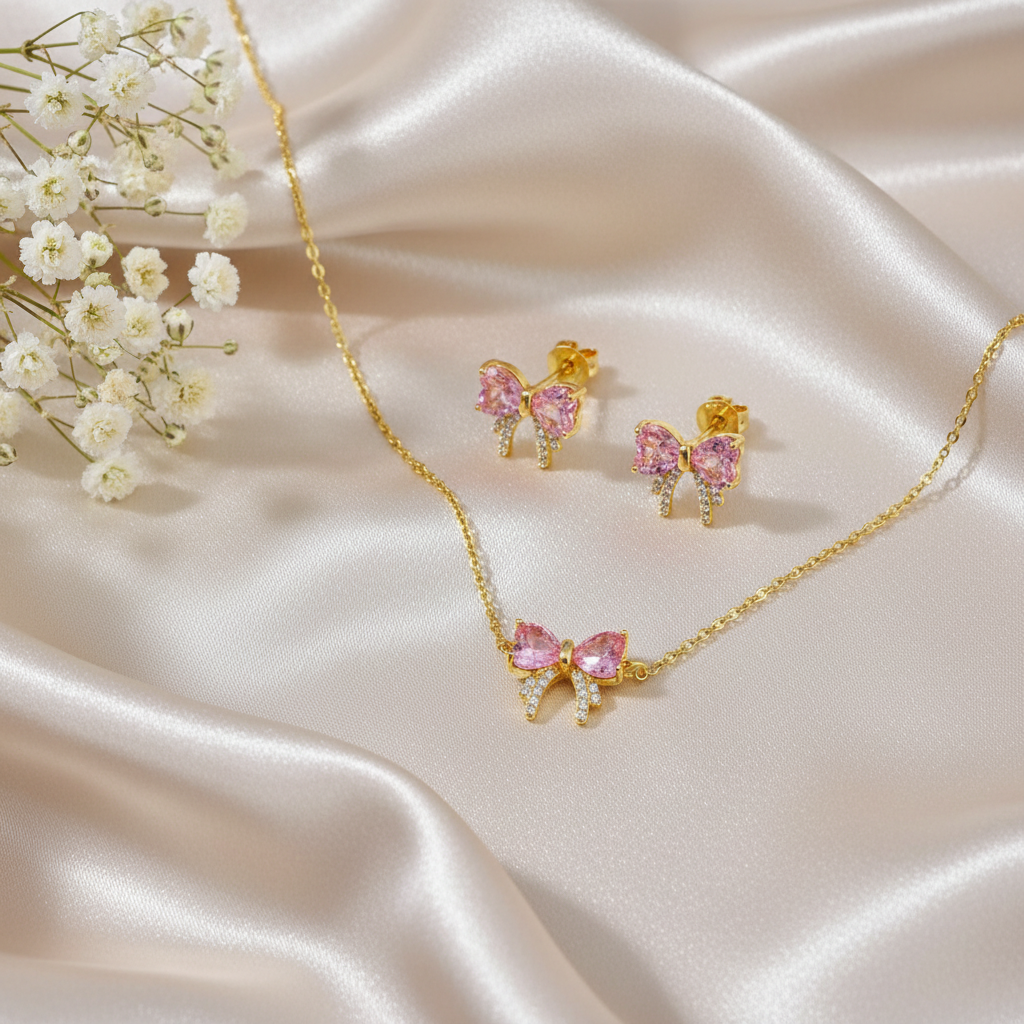 Pink Bow Necklace &amp; Earring Set