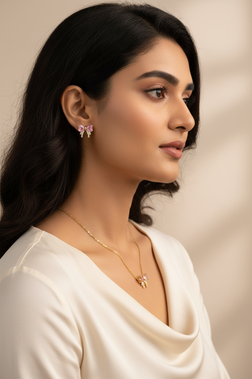 Pink Bow Necklace &amp; Earring Set