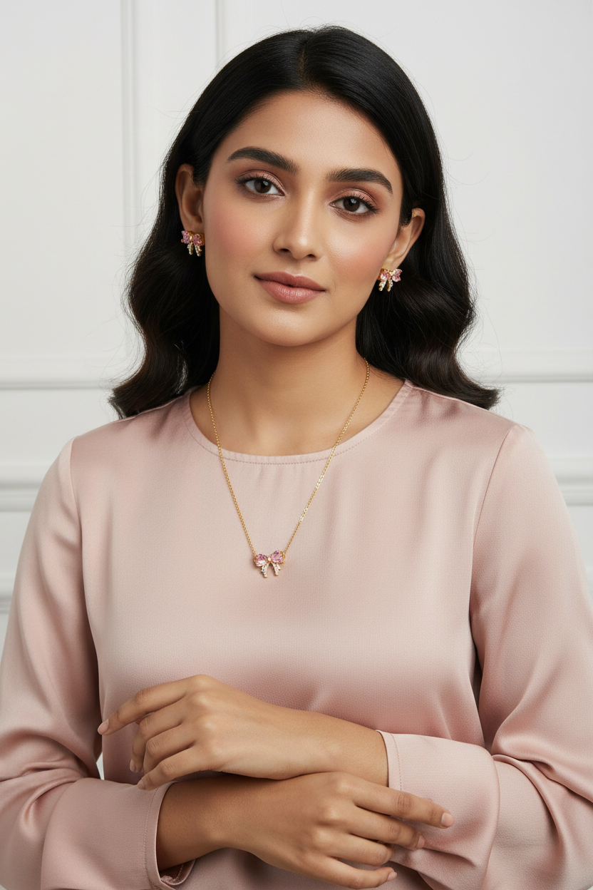 Pink Bow Necklace &amp; Earring Set