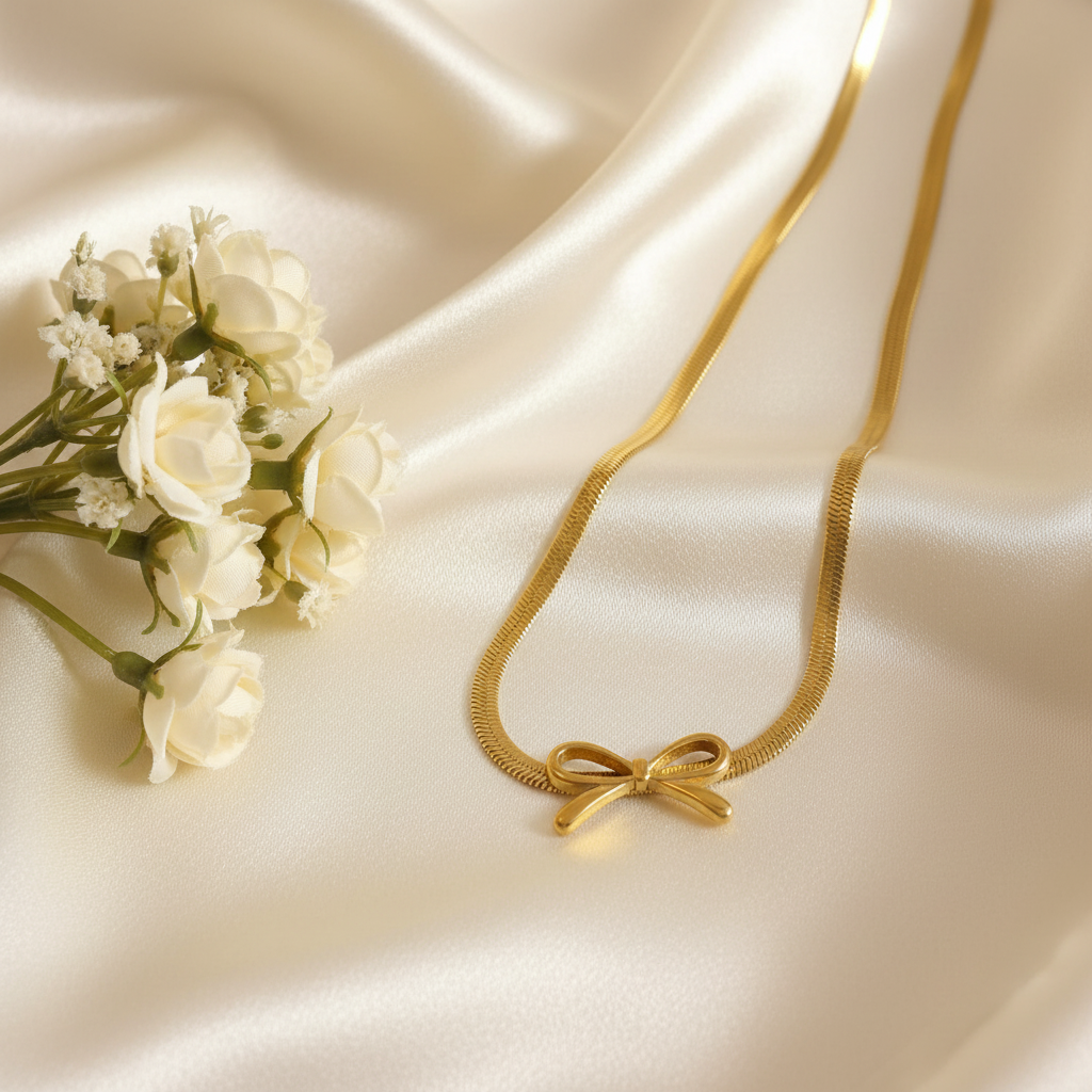 Gold Herringbone Bow Necklace