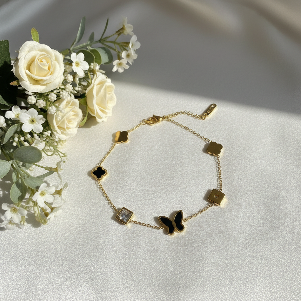 Black Butterfly & Clover Multi-Charm Bracelet