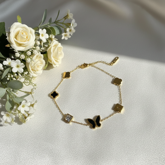 Black Butterfly & Clover Multi-Charm Bracelet