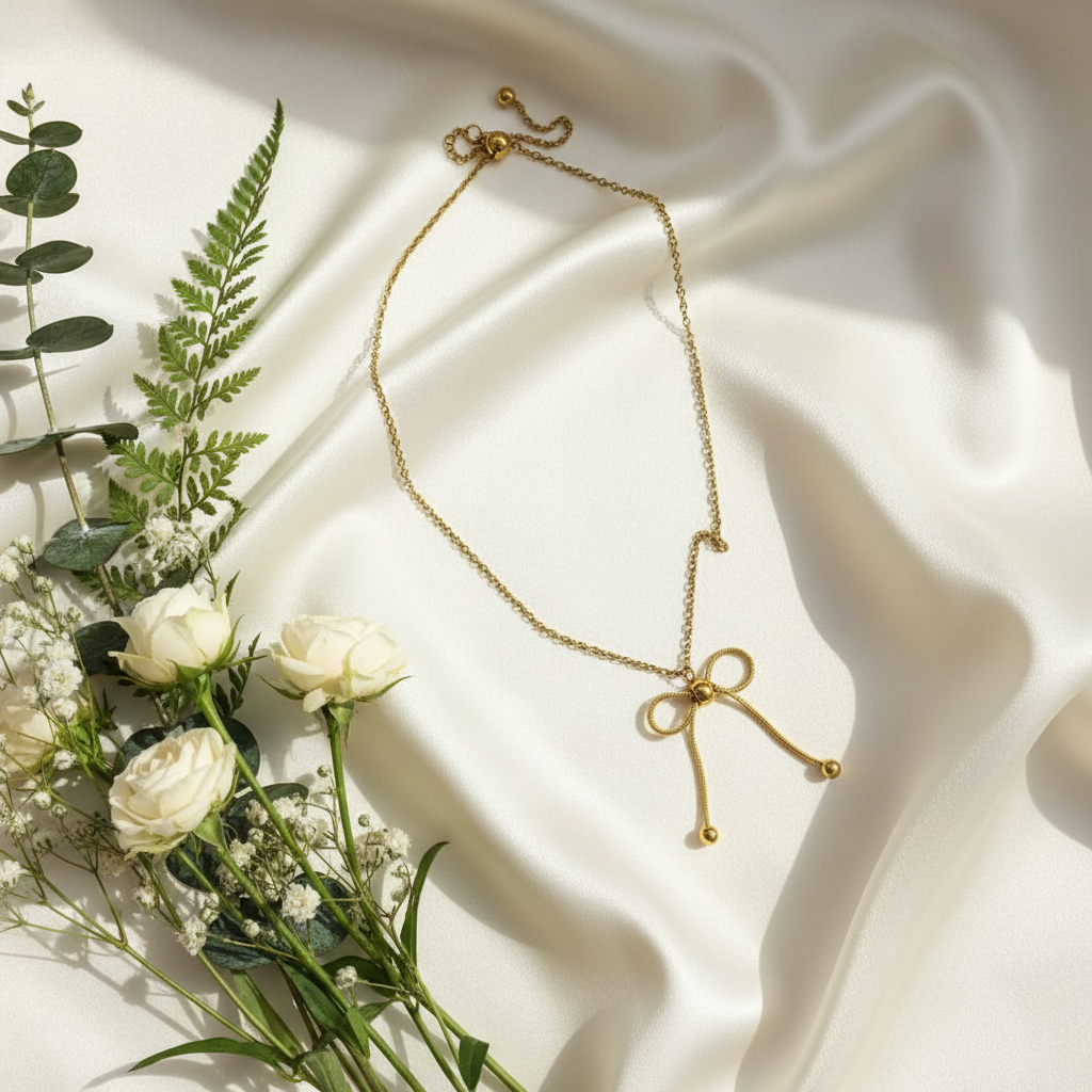 Gold Lariat Bow & Ball Drop Necklace