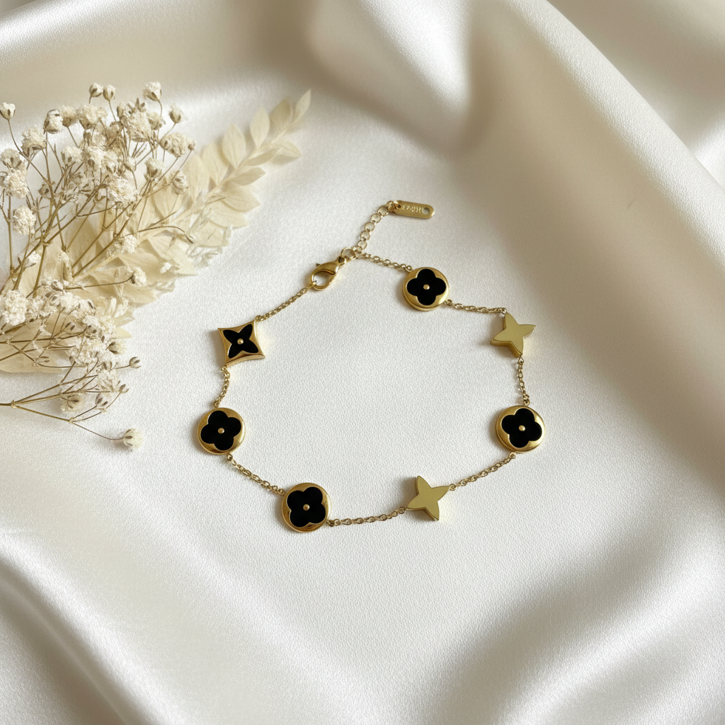 Gold Clover & Floral Charm Bracelet