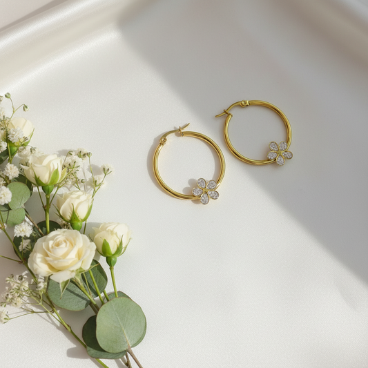 Gold Floral Hoop Earrings with Crystal Accents