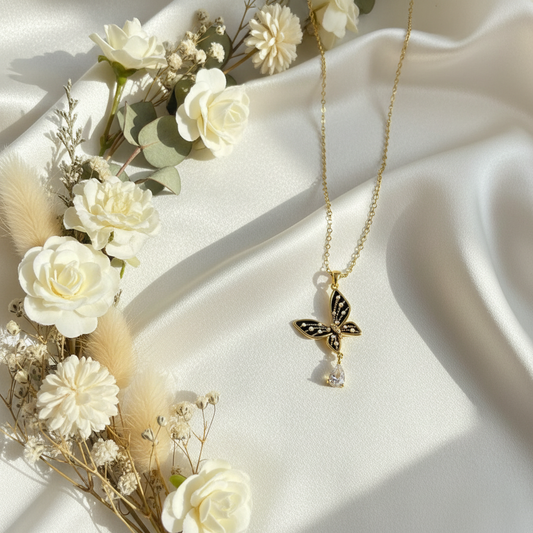 Gold Butterfly Pendant Necklace with Pearl & Crystal Accents
