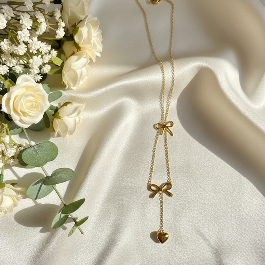 Gold Dual Bow & Heart Drop Necklace