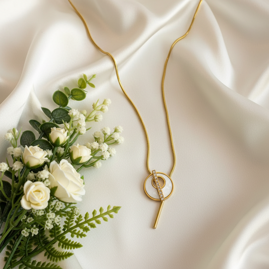 Gold Circular Orbit Necklace with Crystal Bar Pendant