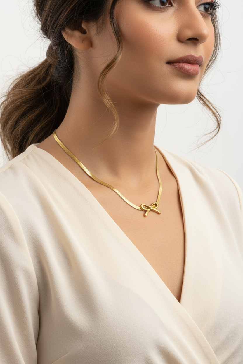 Gold Herringbone Bow Necklace