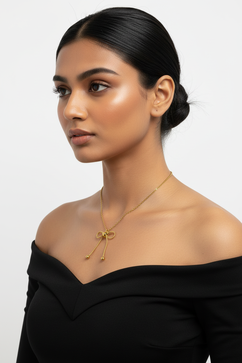 Gold Lariat Bow & Ball Drop Necklace