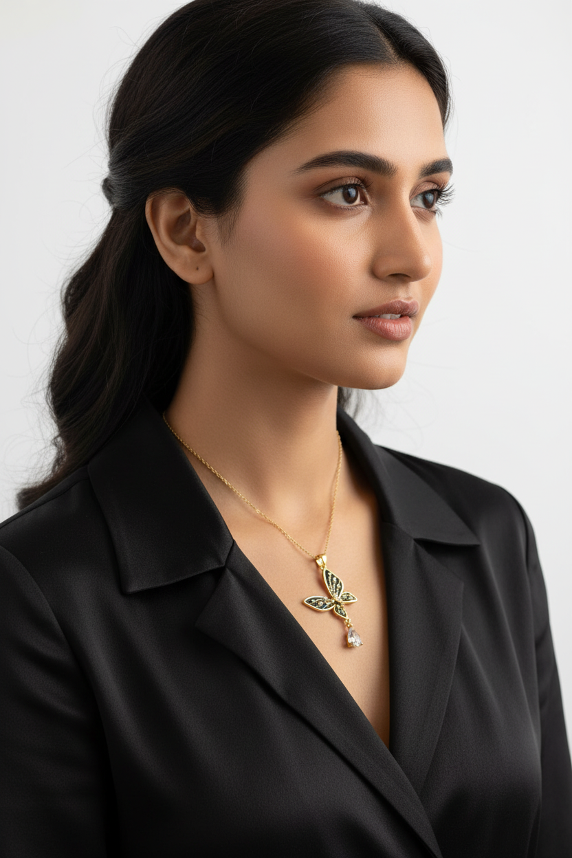 Gold Butterfly Pendant Necklace with Pearl & Crystal Accents