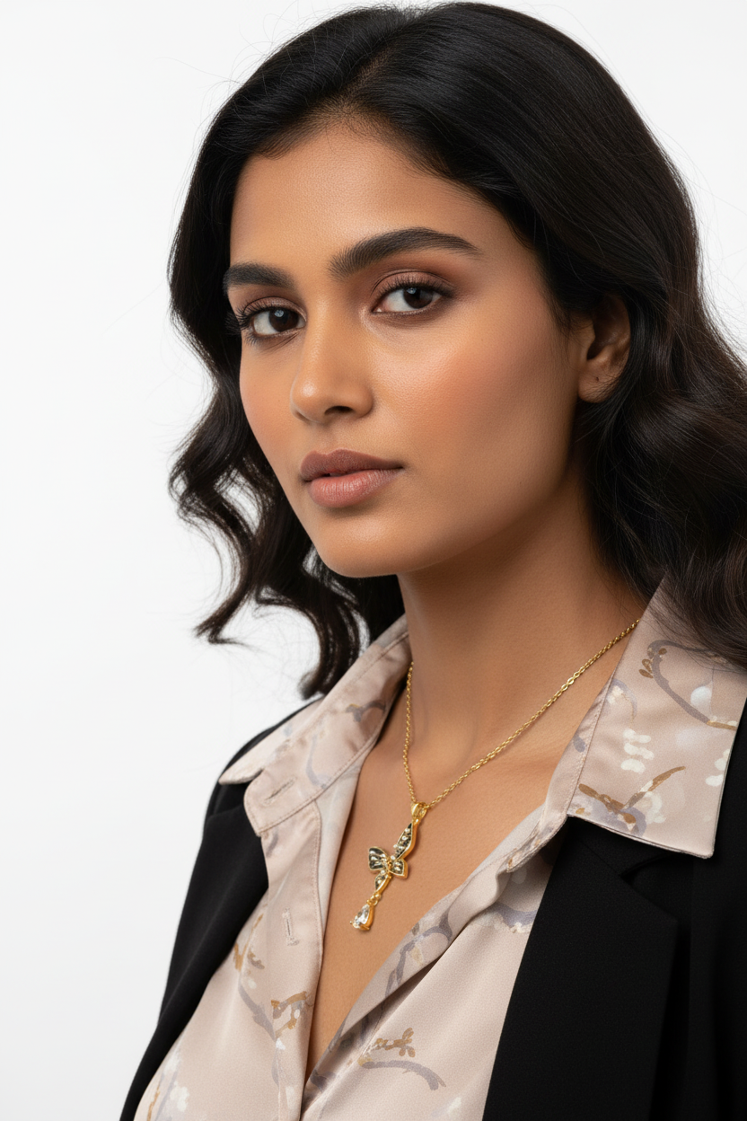 Gold Butterfly Pendant Necklace with Pearl & Crystal Accents