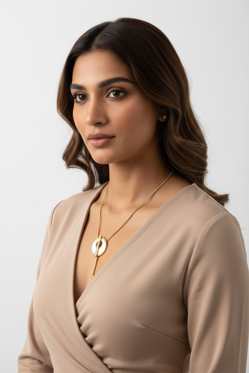 Gold Circular Orbit Necklace with Crystal Bar Pendant