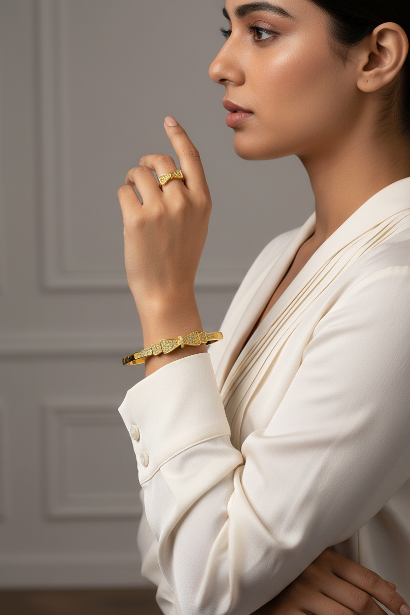 Crystal Bow Bangle  Ring Set