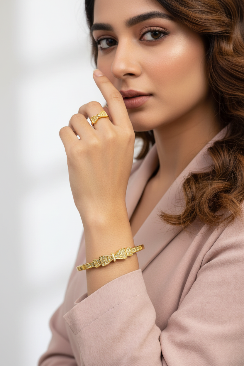 Crystal Bow Bangle  Ring Set